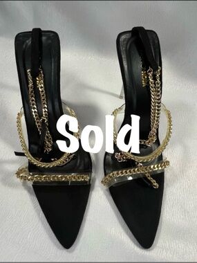 Elegant Black Stiletto Heels with Gold Chain Accents NWOT
